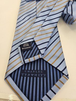 Charles Tyrwhitt Silk Tie Mens Blue Navy Gold Striped Wedding Neck Tie Clearance Vintage Retro