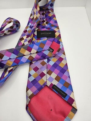 Duchamp Silk Tie Mens Purple Blue Gold Geometric Check Vtg Wedding Clearance Vintage Retro