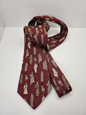 Aquascutum Silk Tie Mens Red Trench Coat Figures Novelty Vtg Wedding Neck Tie Vintage Retro