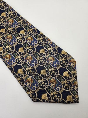 Lanvin Paris Silk Tie Mens Blue Gold Floral Fan Scroll Vtg Wedding Neck Tie Vintage Retro