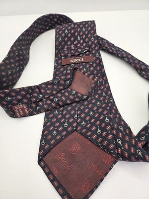 Gucci Silk Tie Mens Navy Blue Red Geometric Horn Vtg Wedding Neck Tie Clearance Vintage Retro