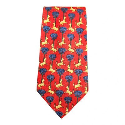 TM Lewin Red Silk Tie With Unicorns and Flowers Mens Vintage Retro Wedding Formal Designer