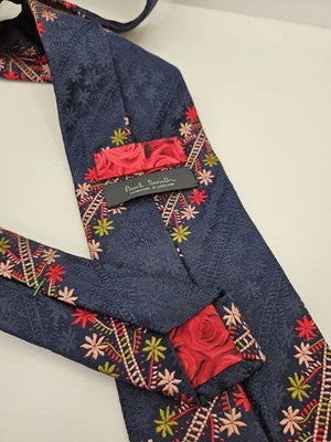 Paul Smith Silk Tie Mens Blue Floral Embroidered Pink Red Wedding Neck Tie Vintage Retro Formal