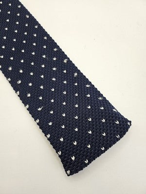 Skinny Knitted Navy Tie Men Polka Dot Woven Square End Necktie Mod Mens Vintage Retro Wedding