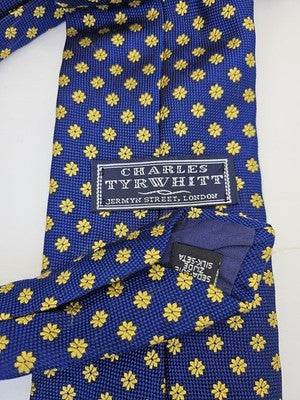 Charles Tyrwhitt Silk Tie Mens Blue Yellow Floral Daisy Wedding Neck Tie Vintage Retro Formal