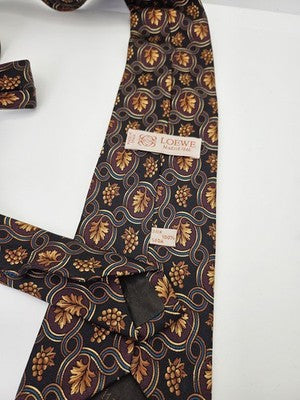 Loewe Madrid Silk Tie Mens Black Gold Floral Leaf Vtg Wedding Neck Tie Vintage Retro Formal