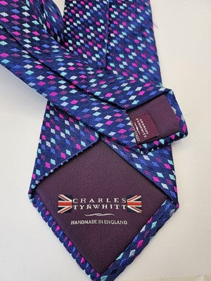 Charles Tyrwhitt Silk Tie Mens Blue Purple Pink Diamond Geometric Neck Tie Vintage Retro