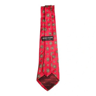 Jaeger Red Silk Tie with Medallion Motif Mens Vintage Retro Wedding Formal Designer Classic