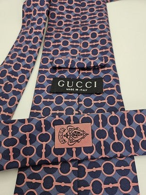 Gucci Silk Tie Mens Blue Pink Horsebit Geometric Circles Vtg Wedding Clearance Vintage Retro