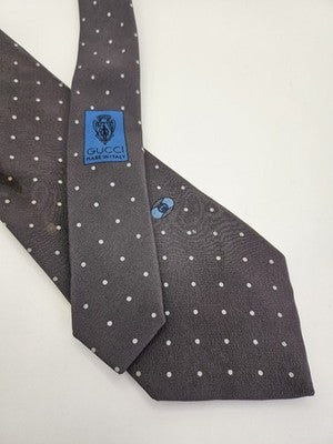 Gucci Silk Tie Mens Grey White Polka Dot Spotted Vtg Wedding Neck Tie Clearance Vintage Retro