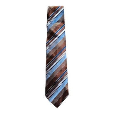 Austin Reed Brown and Blue Striped Silk Tie Mens Vintage Retro Wedding Formal Designer Classic