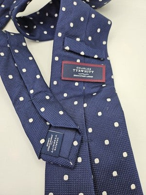 Charles Tyrwhitt Silk Tie Mens Blue White Polka Dot Spotted Wedding Neck Tie Vintage Retro