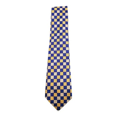 TM Lewin Navy Blue and Yellow Check Geometric Pattern Silk Tie Mens Vintage Retro Wedding