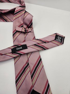 Hugo Boss Silk Tie Mens Pink Striped Diagonal Textured Wedding Neck Tie Vintage Retro Formal