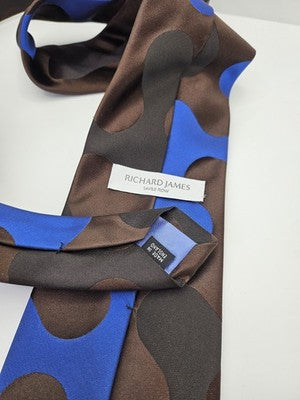 Richard James Silk Tie Mens Blue Brown Geometric Abstract Retro Neck Tie Vintage Wedding Formal