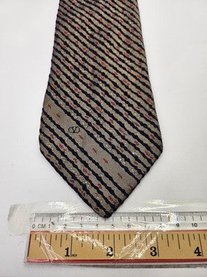 Valentino Silk Tie Mens Beige Navy Red Striped Textured Vtg Wedding Neck Tie Vintage Retro