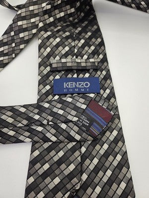Kenzo Homme Silk Tie Mens Black Grey Silver Geometric Check Wedding Neck Tie Vintage Retro