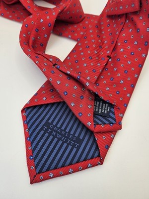 Charles Tyrwhitt Silk Tie Mens Red Blue Floral Geometric Wedding Neck Tie Vintage Retro Formal