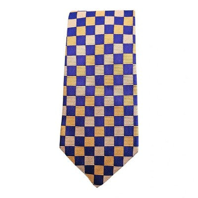 TM Lewin Navy Blue and Yellow Check Geometric Pattern Silk Tie Mens Vintage Retro Wedding