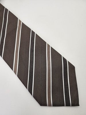Hugo Boss Silk Tie Mens Brown White Striped Diagonal Wedding Neck Tie Vintage Retro Formal