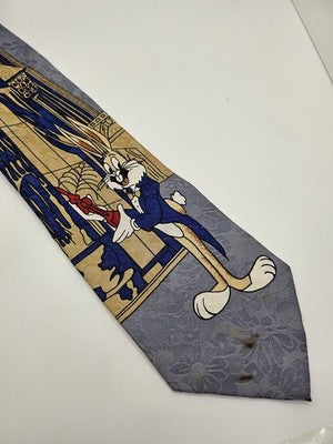Golden King Cat Silk Tie Mens Grey Blue Bugs Bunny Novelty Vtg Neck Clearance Vintage Retro