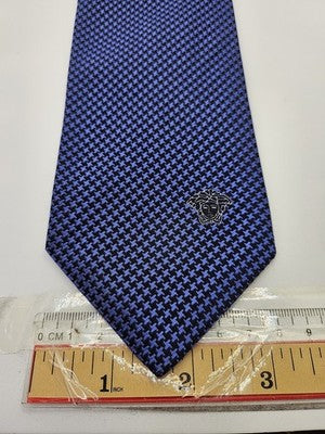 Versace Silk Tie Mens Blue Black Houndstooth Textured Wedding Neck Tie Vintage Retro Formal