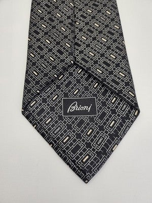 Brioni Silk Tie Mens Black Beige Geometric Square Vtg Wedding Neck Tie Clearance Vintage Retro