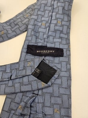Burberry London Silk Tie Mens Blue Grey Basketweave Geometric Neck Tie Clearance Vintage Retro
