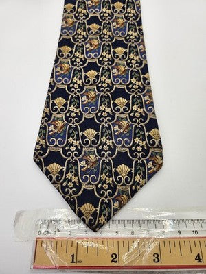 Lanvin Paris Silk Tie Mens Blue Gold Floral Fan Scroll Vtg Wedding Neck Tie Vintage Retro