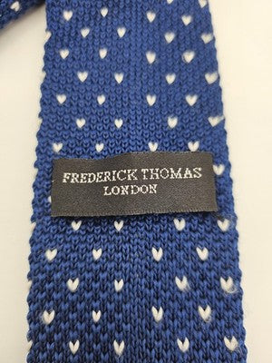 Frederick Thomas Skinny Knitted Blue Tie Men Polka Dot Square End Necktie Mod Mens Vintage