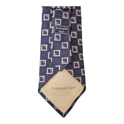 Ermenegildo Zegna Navy and Grey Embroidered Silk Tie Mens Vintage Retro Wedding Formal Designer