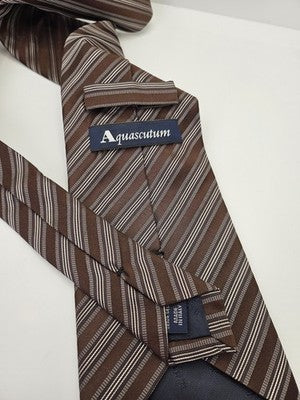 Aquascutum Silk Tie Mens Brown Cream Striped Vtg Wedding Neck Tie Vintage Retro Formal Designer
