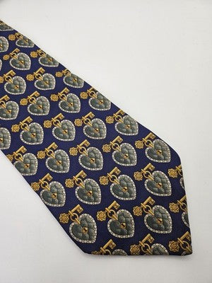 Christian Dior Silk Tie Mens Blue Gold Hearts Keys Vtg Wedding Neck Tie Vintage Retro Formal