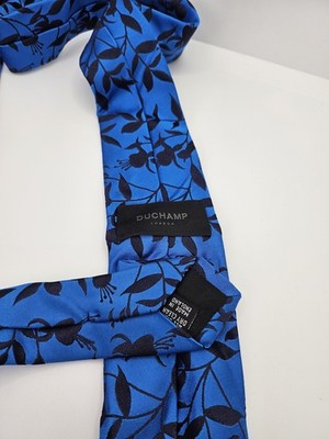 Duchamp London Silk Tie Mens Blue Black Floral Leaf Wedding Neck Tie Vintage Retro Formal