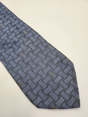 Burberry London Silk Tie Mens Blue Grey Basketweave Geometric Neck Tie Clearance Vintage Retro