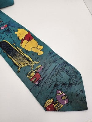 Disney Tie Rack Silk Tie Mens Green Winnie the Pooh Novelty Vtg Neck Clearance Vintage Retro