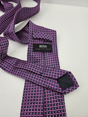 Hugo Boss Silk Tie Mens Purple Navy Geometric Checks Wedding Neck Tie Vintage Retro Formal
