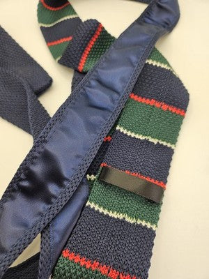 Skinny Knitted Navy Tie Men Striped Woven Square End Necktie Mod Mens Vintage Retro Wedding