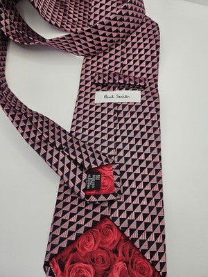 Paul Smith Silk Tie Mens Pink Black Geometric Triangles Wedding Neck Tie Vintage Retro Formal