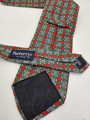 Burberrys Silk Tie Mens Green Red Geometric Oval Spots Vtg Wedding Clearance Vintage Retro