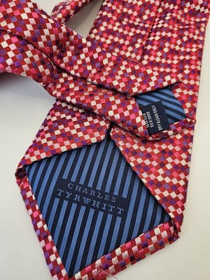 Charles Tyrwhitt Silk Tie Mens Red Pink Purple Checked Geometric Neck Tie Vintage Retro Wedding