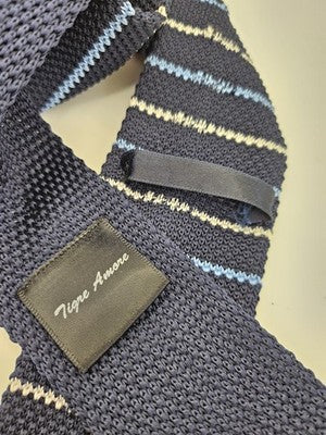 Tigre Amore Skinny Knitted Navy Tie Men Striped Woven Square End Necktie Mod Mens Vintage Retro