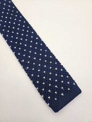 Frederick Thomas Skinny Knitted Blue Tie Men Polka Dot Square End Necktie Mod Mens Vintage