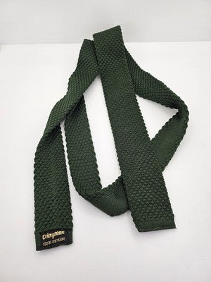 Crimplene Skinny Knitted Green Tie Men Textured Woven Square End Necktie Mod Mens Vintage Retro