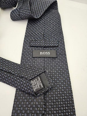 Hugo Boss Silk Tie Mens Black Blue Geometric Polka Dot Wedding Neck Tie Vintage Retro Formal