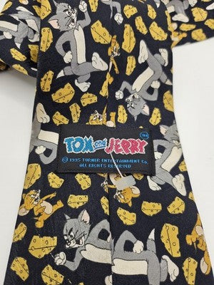 Tom and Jerry Silk Tie Mens Black Yellow Grey Cartoon Novelty Vtg Clearance Vintage Retro