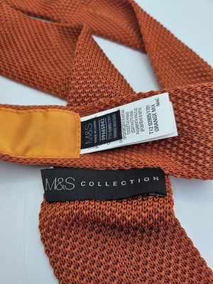 MandS Skinny Knitted Orange Tie Men Plain Woven Square End Necktie Mod Mens Vintage Retro