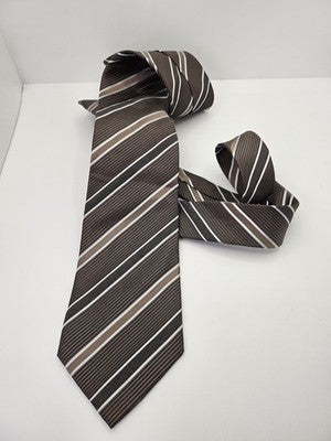 Hugo Boss Silk Tie Mens Brown White Striped Diagonal Wedding Neck Tie Vintage Retro Formal