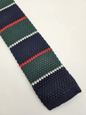 Skinny Knitted Navy Tie Men Striped Woven Square End Necktie Mod Mens Vintage Retro Wedding