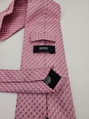 Hugo Boss Silk Tie Mens Pink Geometric Textured Diamond Wedding Neck Tie Vintage Retro Formal